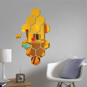14 Hexagon Golden Wall Mirrors|Acrylic Stickers|Mirrors|Wall Mirror Stickers|Wall Mirror Decor|Stickers for Wall|Sticker Mirror|Acrylic Mirror|Mirror for Wall|Mirror Stickers.216