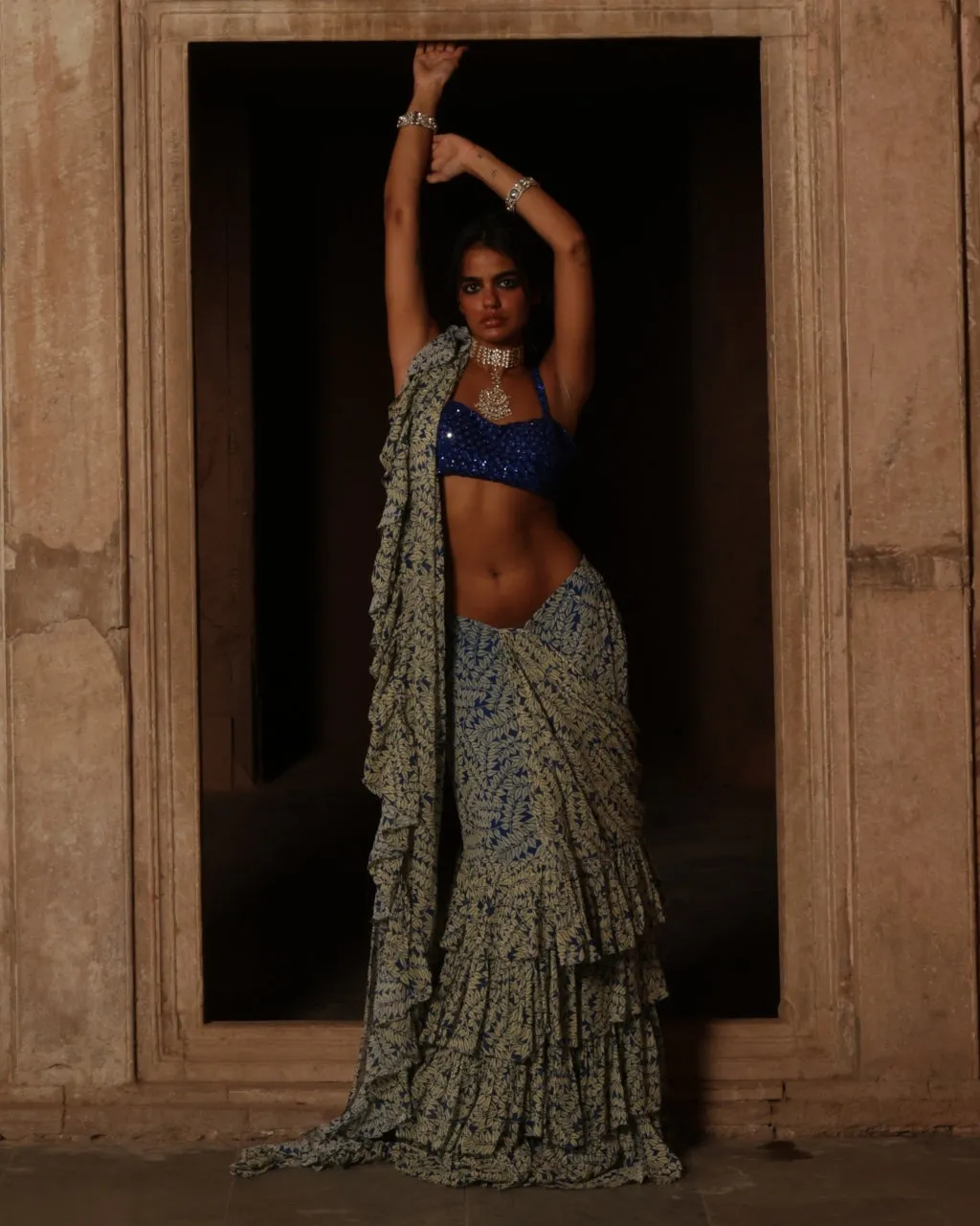 Blue Fire Print Ruffle Sari Set