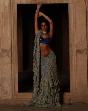 Blue Fire Print Ruffle Sari Set