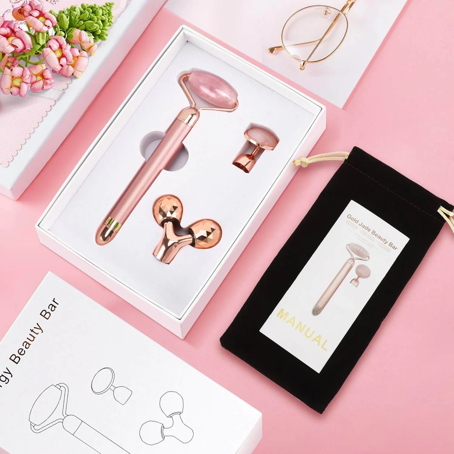 Dangshan 3-in-1 Electric Jade Roller 3D Roller Facial Massage Set, Golden Pink