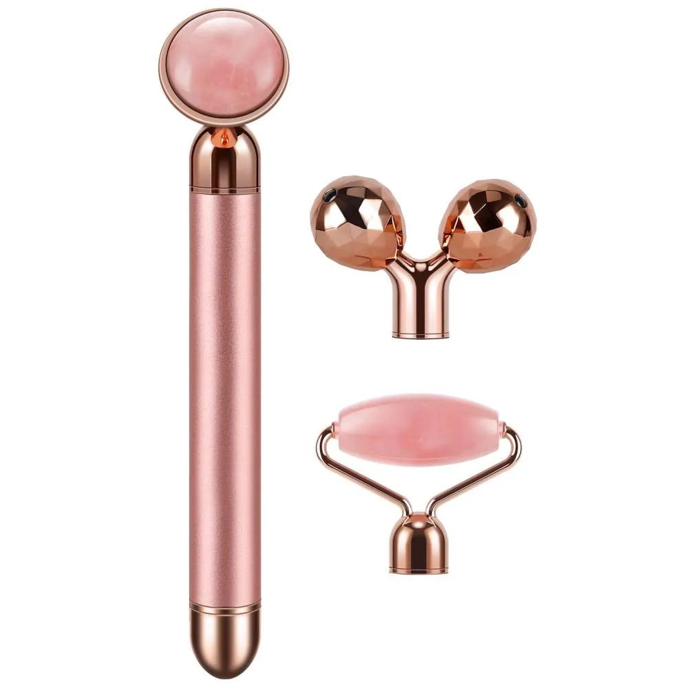 Dangshan 3-in-1 Electric Jade Roller 3D Roller Facial Massage Set, Golden Pink