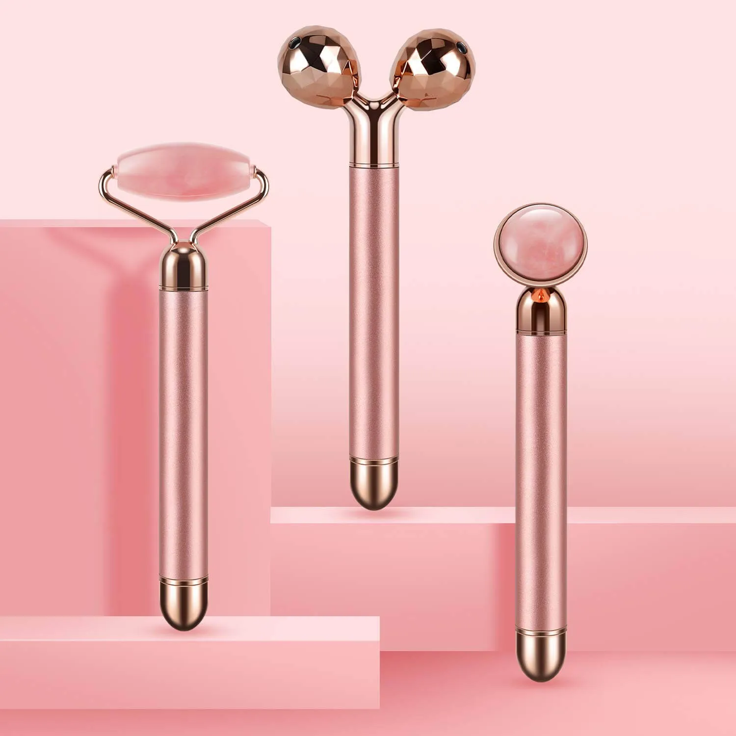 Dangshan 3-in-1 Electric Jade Roller 3D Roller Facial Massage Set, Golden Pink