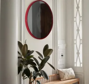 H & I Creation Round Mirror for Bathroom | Red Circle Mirror for Wall Mounted, 18'' Modern Brushed Metal Frame Round Mirror for Wall Decor
