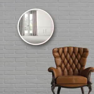 H & I Creation Round Mirror for Bathroom | White Circle Mirror for Wall Mounted, 18'' Modern Brushed Metal Frame Round Mirror for Wall Decor