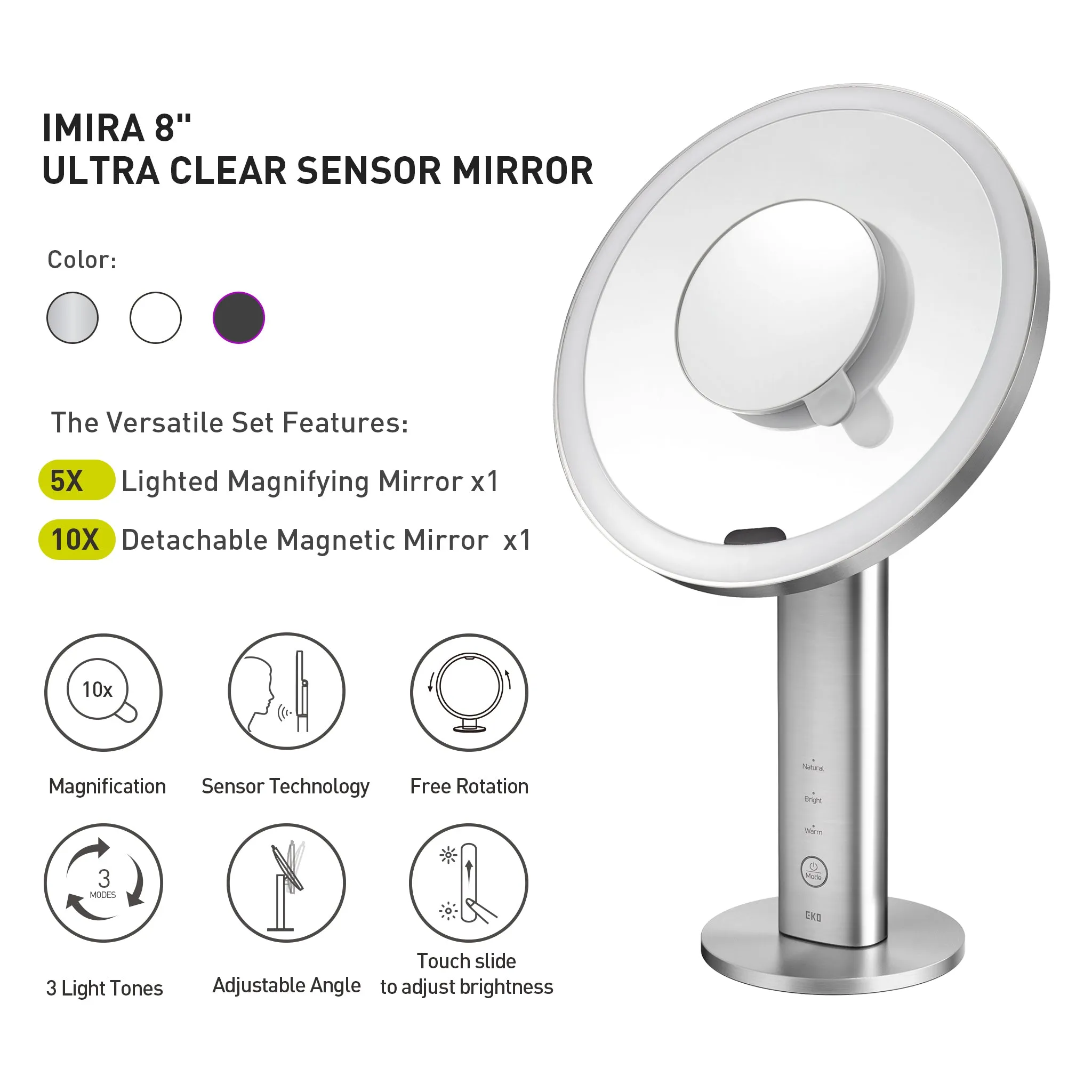 iMira Ultra Clear 8" Stainless Steel Sensor Mirror - White 5X/10X