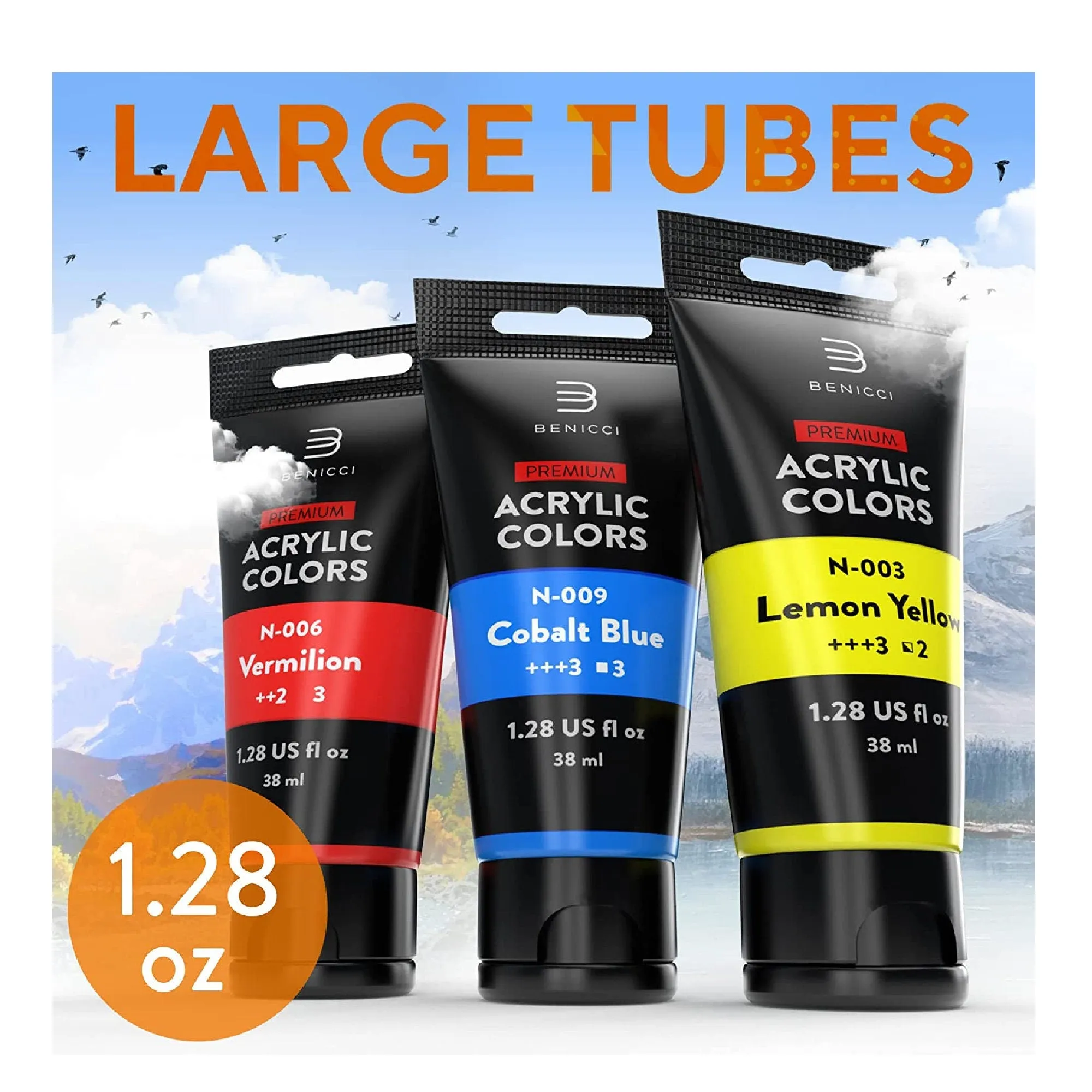 Premium 24 Color Premium Acrylic Paint Set | 1.28Oz (38ml)  | With 6 Nylon Brushes