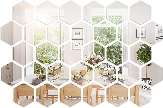 SAHASTRA Hexagon 14 Golden Mirror Stickers for Wall with 10 Butterfly, Acrylic Mirror Wall Decor stickerl 12.cm X 10.4 CM. (Silver)