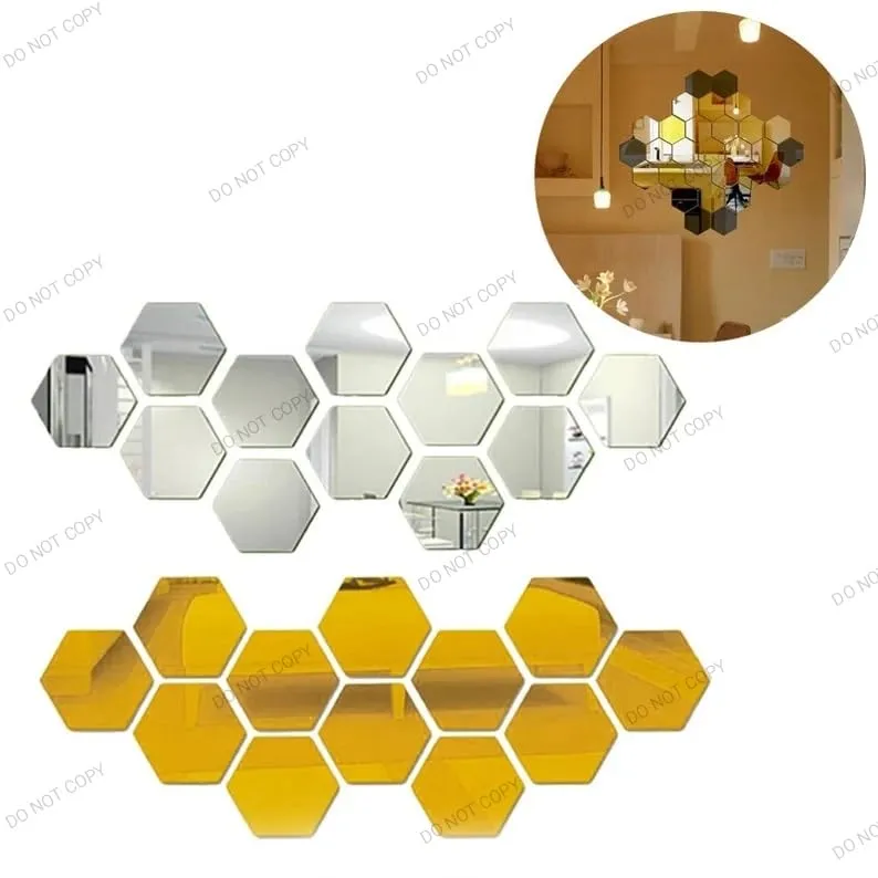 SAHASTRA Hexagon 14 Golden Mirror Stickers for Wall with 10 Butterfly, Acrylic Mirror Wall Decor stickerl 12.cm X 10.4 CM. (Silver)
