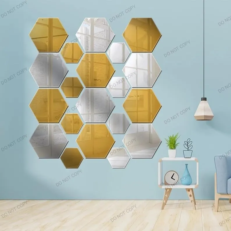 SAHASTRA Hexagon 14 Golden Mirror Stickers for Wall with 10 Butterfly, Acrylic Mirror Wall Decor stickerl 12.cm X 10.4 CM. (Silver)
