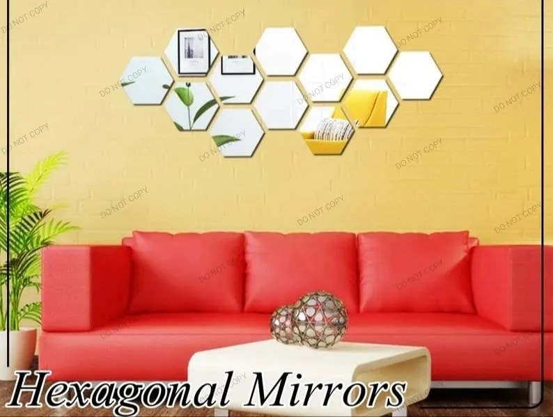 SAHASTRA Hexagon 14 Golden Mirror Stickers for Wall with 10 Butterfly, Acrylic Mirror Wall Decor stickerl 12.cm X 10.4 CM. (Silver)
