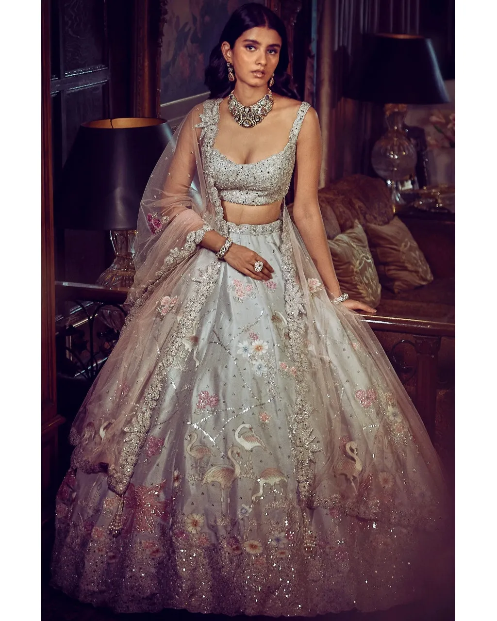 The Ice Blue Flamingo Landscape Lehenga Set
