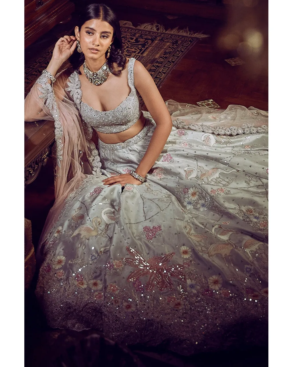 The Ice Blue Flamingo Landscape Lehenga Set