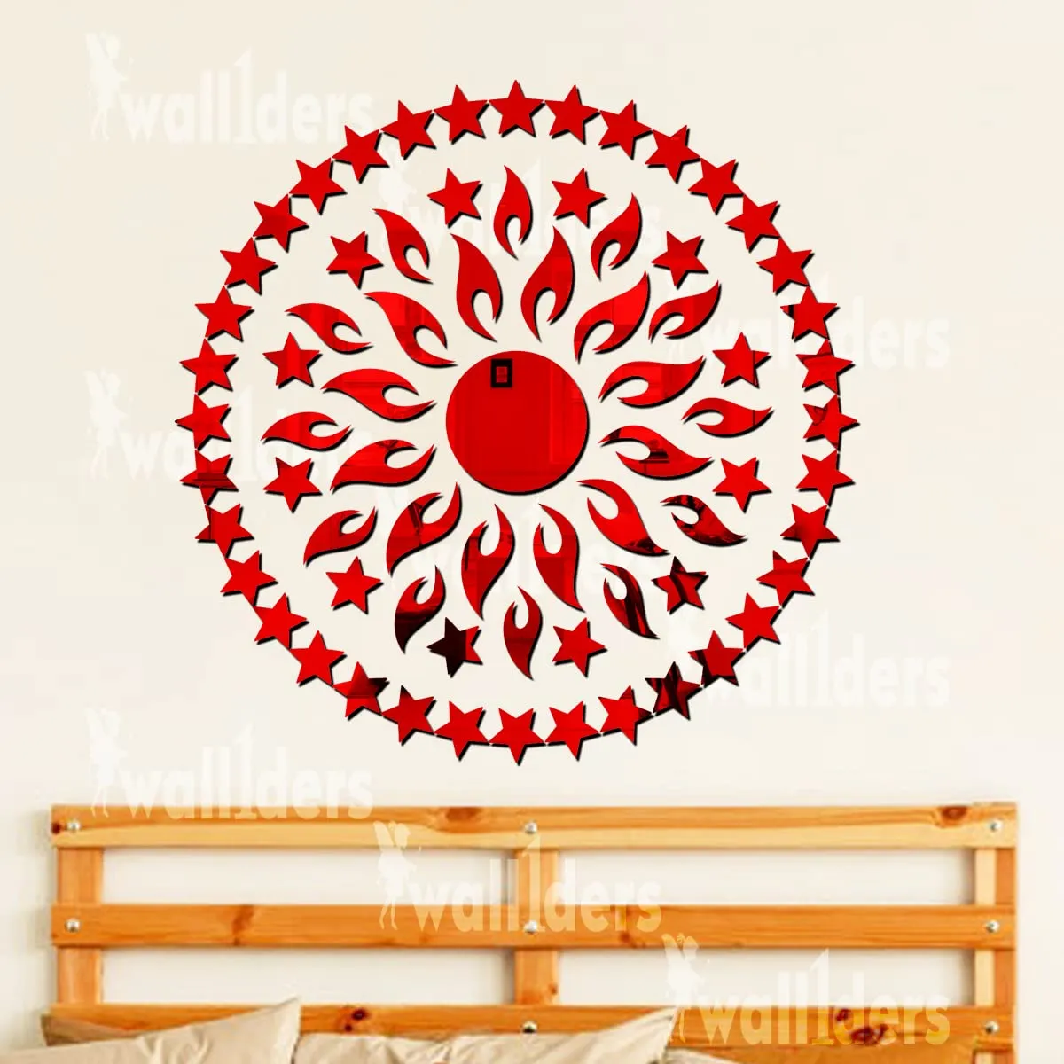 Wall1ders Sun with 50 Star Mirror Stickers for Wall, Acrylic Mirror Wall Decor Sticker, Wall Mirror Stickers, Acrylic Stickers, Wall Stickers for Hall Room, Bed Room, Kitchen. (Golden) (Red)